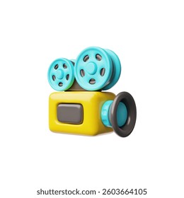 Video camera with films 3D plastic cartoon style icon. Realistic film recorder professional equipment. Movie and cinema industry. Vector render illustration isolated on white background