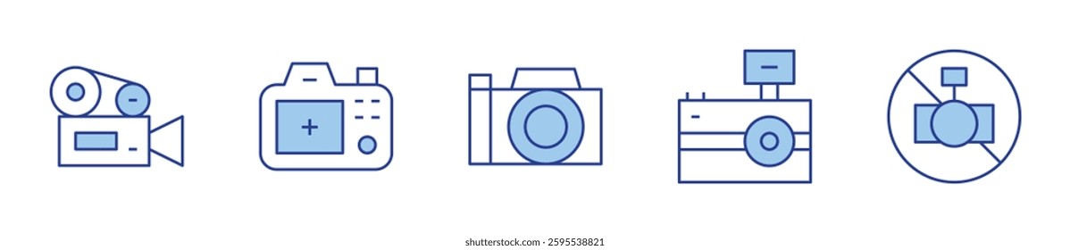 video, camera flash, photo camera, no camera. Camera Icon vector illustration. Line Duotone style. Editable stroke.
