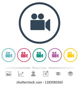 Video camera flat color icons in round outlines. 6 bonus icons included.