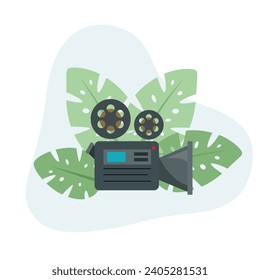 Video Camera flat design vector Illustration Icon decorated with leaves for web use for cinematographic, video, recording, camera, movie