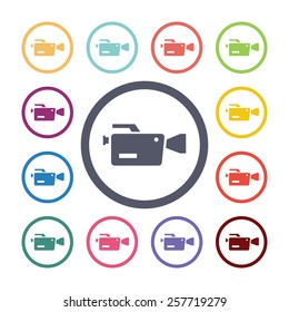 video camera flat icons set. Open colorful buttons 