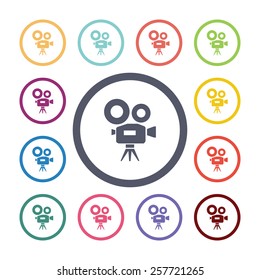 video camera flat icons set. Open colorful buttons 