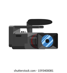 Video camera in flat style. Illustration with broadcast video camera icon on white background for motion design, UI, computer game, animation and clothing design. View 3/4.