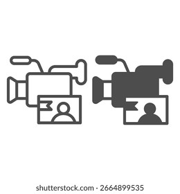 Câmera de vídeo e quadro de vídeo com linha de pessoa e ícone sólido, conceito de tecnologia da informação. Gráficos vetoriais. Câmera com imagem de usuário, sinal de tecnologia no fundo branco, ícone de estilo de contorno de design móvel ou web