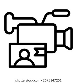 Video camera and video frame with person line icon, info tech concept. Vector graphics. Camera with user pic, technology sign on white background, outline style icon of mobile or web design