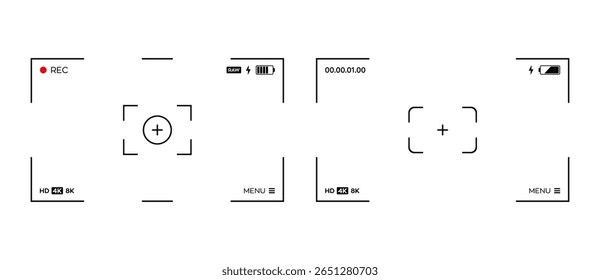 Conjunto de design de tela do visor da moldura da câmera de vídeo. Gravação de câmera de 4K, tela, formato de alta definição total, interface de exibição digital para uso de sobreposição. Ícone vermelho de registro, temporização, PNG transparente da tela de vídeo e vetor