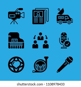 video camera, french horn, world peace, microphone, van, piano, newspaper, manager and microphone vector icon. Simple icons set