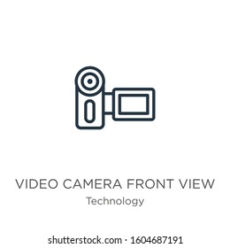 Video camera front view icon. Thin linear video camera front view outline icon isolated on white background from technology collection. Line vector sign, symbol for web and mobile