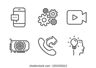 Video camera, Gpu and Smartphone message icons simple set. Cogwheel, Share call and Idea signs. Movie or cinema, Graphic card. Technology set. Line video camera icon. Editable stroke. Vector
