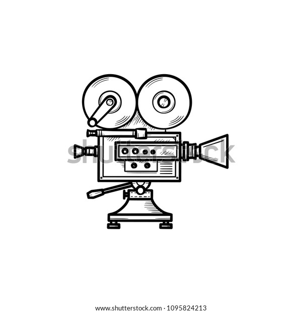 Video camera hand drawn outline doodle icon.\
Motion movie, film and cinema camera with reels vector sketch\
illustration for print, web, mobile and infographics isolated on\
white background.