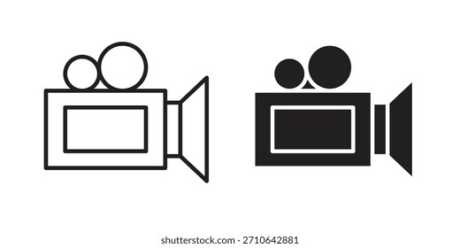 Videokamerasymbol in schwarzem Strichvektordesign und flacher, fester Version auf weißem Hintergrund
