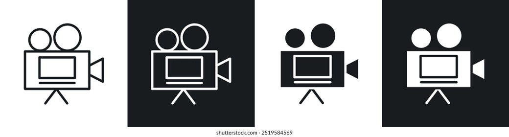 Video camera icon collection in black and white filled and stroke line style.