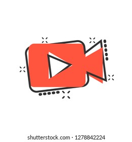 Video camera icon in comic style. Movie play vector cartoon illustration pictogram. Video streaming business concept splash effect.