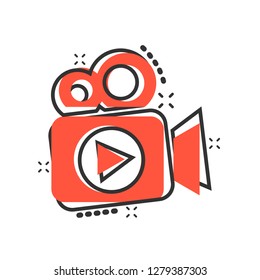 Video camera icon in comic style. Movie play vector cartoon illustration pictogram. Video streaming business concept splash effect.