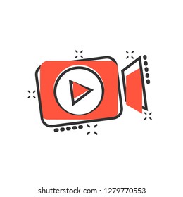 Video camera icon in comic style. Movie play vector cartoon illustration pictogram. Video streaming business concept splash effect.