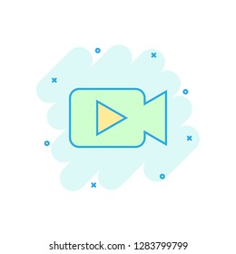 Video camera icon in comic style. Movie play vector cartoon illustration pictogram. Video streaming business concept splash effect.