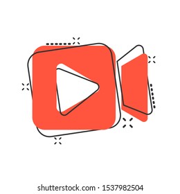 Video camera icon in comic style. Movie play vector cartoon illustration pictogram. Streaming business concept splash effect.