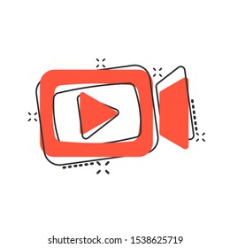 Video camera icon in comic style. Movie play vector cartoon illustration pictogram. Streaming business concept splash effect.