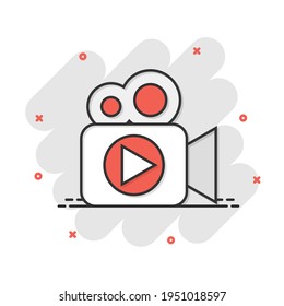 Video camera icon in comic style. Movie play vector cartoon illustration pictogram. Video streaming business concept splash effect.