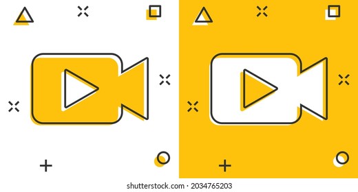 Video camera icon in comic style. Movie play vector cartoon illustration pictogram. Video streaming business concept splash effect.