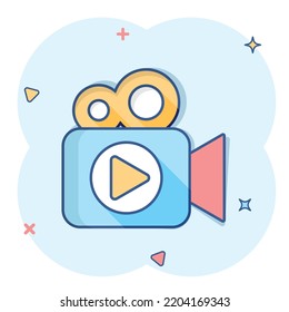 Video camera icon in comic style. Movie play vector cartoon illustration pictogram. Video streaming business concept splash effect.