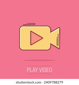 Video camera icon in comic style. Movie play vector cartoon illustration pictogram. Video streaming business concept splash effect.