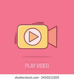 Video camera icon in comic style. Movie play vector cartoon illustration pictogram. Video streaming business concept splash effect.