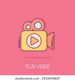 Video camera icon in comic style. Movie play vector cartoon illustration pictogram. Video streaming business concept splash effect.