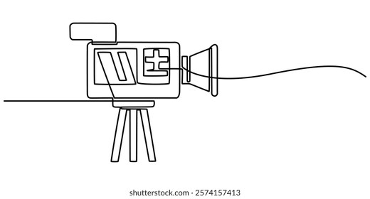 video camera icon continuous one line drawing, Continuous one line drawing of video camcorder on tripod. Camera recorder single line art vector illustration. Editable vector, vintage camera line art .