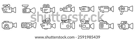 Video camera icon. Editable stroke. Set of black linear video camera icons. Camera symbol. Vector illustration
