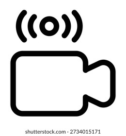 Un icono de cámara con una lente y ondas de sonido, que representa la grabación, transmisión de transmisiones y producción de medios. Este gráfico funcional es ideal para interfaces audiovisuales y temas de creación de contenido.