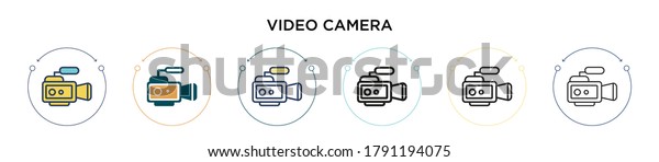 Video camera icon\
in filled, thin line, outline and stroke style. Vector illustration\
of two colored and black video camera vector icons designs can be\
used for mobile, ui, web