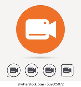 Video camera icon. Film recording cam symbol. Security monitoring. Circle, speech bubble and star buttons. Flat web icons. Vector