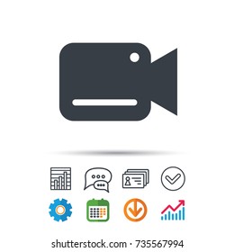 Video camera icon. Film recording cam symbol. Security monitoring. Statistics chart, chat speech bubble and contacts signs. Check web icon. Vector