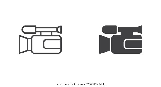 Video camera icon, line and glyph version, outline and filled vector sign. Camera with the microphone linear and full pictogram. Symbol, logo illustration. Different style icons set
