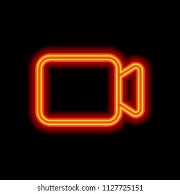 Video camera icon. Linear, thin outline. Orange neon style on black background. Light icon