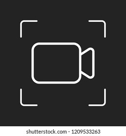Video camera icon. Linear, thin outline. White object in camera autofocus on dark background