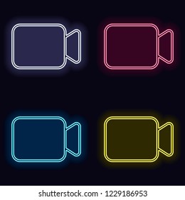 Video camera icon. Linear, thin outline. Set of neon sign. Casino style on dark background. Seamless pattern