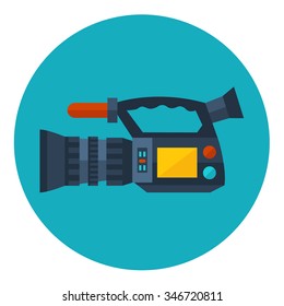 Video camera icon. Video camera with microphone. Camcorder icon. Professional video camera. Flat icon in circle isolated on white background. Vector icon