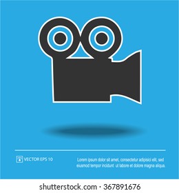Video camera icon on blue background. Camera symbol. Isolated black and white vector illustration EPS 10.
