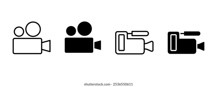 Video camera icon. Video recording equipment symbol. Camcorder vector illustration. Movie shooting sign. Motion picture filming pictogram. Videographer reporter camera. Film production concept.