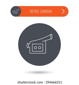 Video camera icon. Retro cinema sign. Gray flat circle button. Orange button with arrow. Vector
