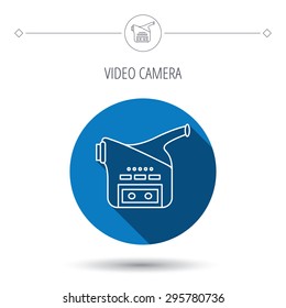 Video camera icon. Retro cinema sign. Blue flat circle button. Linear icon with shadow. Vector