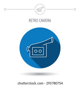 Video camera icon. Retro cinema sign. Blue flat circle button. Linear icon with shadow. Vector