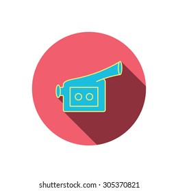Video camera icon. Retro cinema sign. Red flat circle button. Linear icon with shadow. Vector