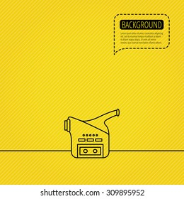 Video camera icon. Retro cinema sign. Speech bubble of dotted line. Orange background. Vector