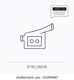 Video camera icon. Retro cinema sign. Linear outline icon. Speech bubble of dotted line. Vector