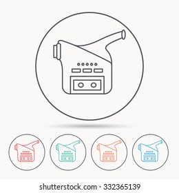 Video camera icon. Retro cinema sign. Linear circle icons.