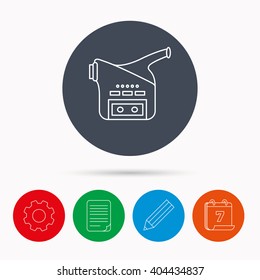 Video camera icon. Retro cinema sign. Calendar, cogwheel, document file and pencil icons.