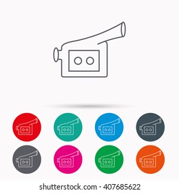 Video camera icon. Retro cinema sign. Linear icons in circles on white background.